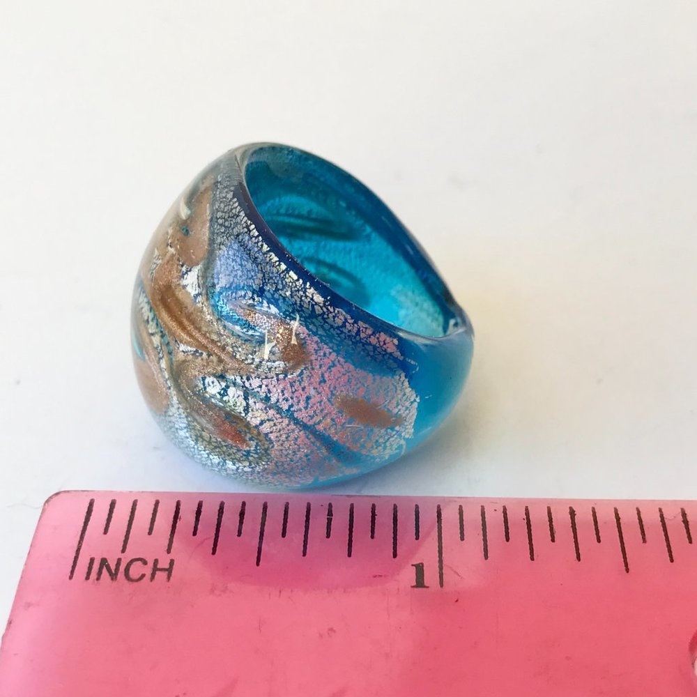 Vintage Murano Style Art Glass Dome Cocktail Ring Size 7 Aqua Blue Metallic - Picture 12 of 12